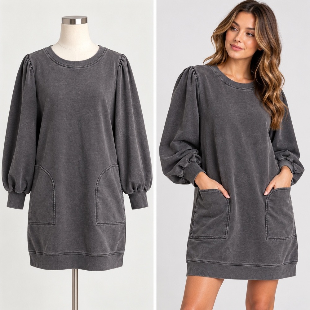 Anthropologie Daily Practice Sweatshirt Dress Womens L Grey Puff Sleeve Pockets